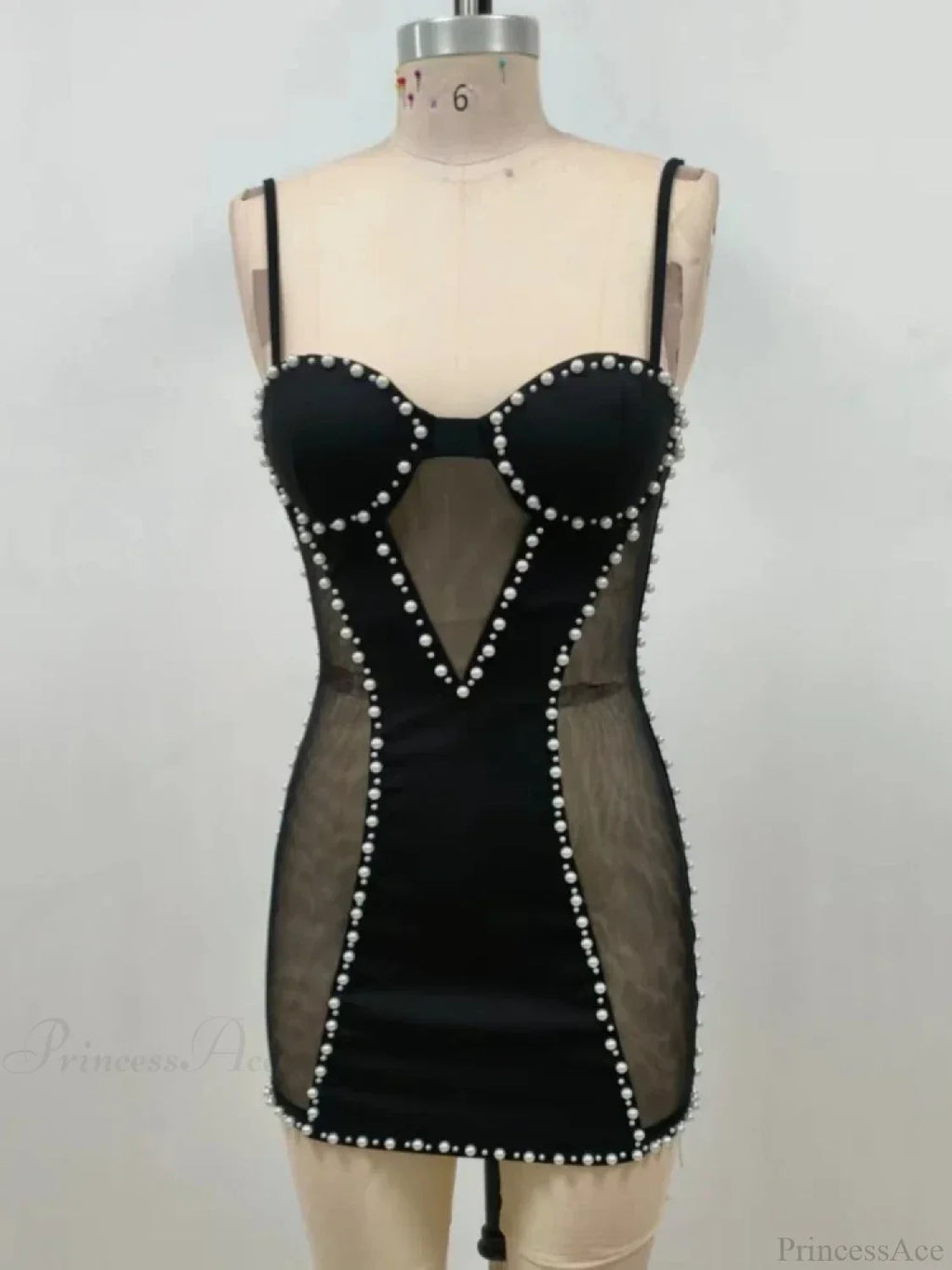 Sexy Spaghetti Strap Mesh Patchwork Pearl Mini Black Sleeveless Party Dress