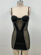 Sexy Spaghetti Strap Mesh Patchwork Pearl Mini Black Sleeveless Party Dress