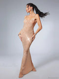 Sexy Spaghetti Strap Perspective Luxury Diamond Sleeveless See Through Party Dress