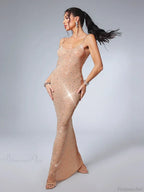 Sexy Spaghetti Strap Perspective Luxury Diamond Sleeveless See Through Party Dress