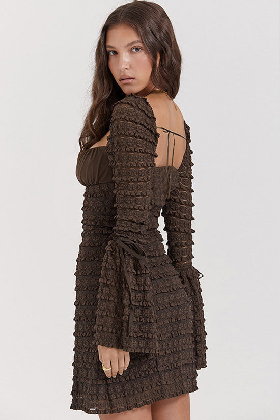 Sexy Square Neck Flared Sleeve Tiered Ruffle Lace Bodycon Party Mini Dress - Coffee