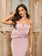 Sexy Strapless Backless Mermaid Dress Pink Sleeveless V Neck Party Dress