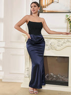 Sexy Strapless Bandage Patchwork Long Black Blue Sleeveless Party Dress