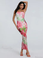 Sexy Strapless Bodycon Off-Shoulder Backless Sheath Floral Night Gown