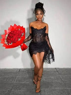 Sexy Strapless Corset Lace Mini Dress Asymmetrical Draped Celebrity Cocktail Party Dress