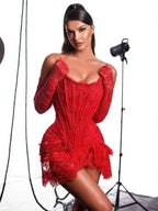 Sexy Strapless Corset Lace Mini Dress Asymmetrical Draped Celebrity Cocktail Party Dress