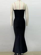 Sexy Strapless Diamonds Chain Bandage Long Black Sleeveless Backless Crystal Party Dress