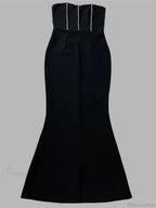 Sexy Strapless Diamonds Chain Bandage Long Black Sleeveless Backless Crystal Party Dress