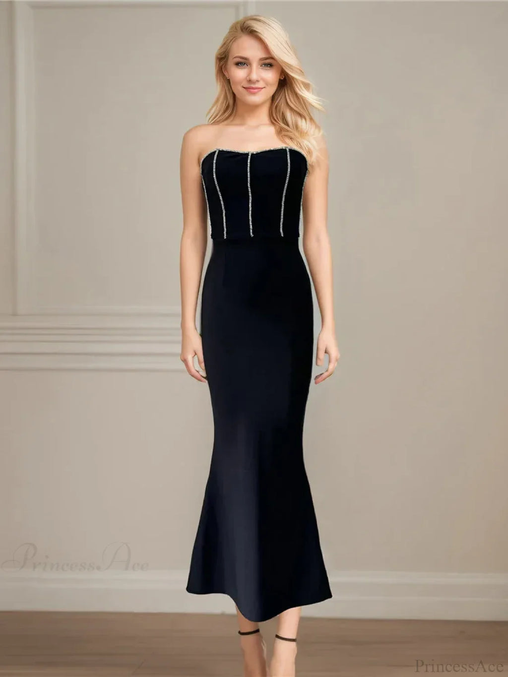 Sexy Strapless Diamonds Chain Bandage Long Black Sleeveless Backless Crystal Party Dress