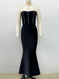 Sexy Strapless Diamonds Chain Bandage Long Black Sleeveless Backless Crystal Party Dress
