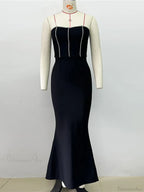 Sexy Strapless Diamonds Chain Bandage Long Black Sleeveless Backless Crystal Party Dress