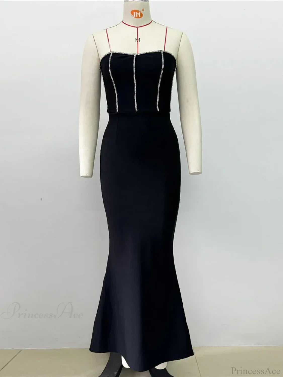 Sexy Strapless Diamonds Chain Bandage Long Black Sleeveless Backless Crystal Party Dress