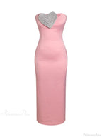 Sexy Strapless Heart Crystal Design Long Pink Sleeveless Diamonds Elegant Party Dress