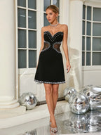 Sexy Strapless Mesh Patchwork Pearl Beaded Mini Black Sleeveless Party Dress