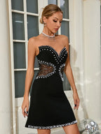 Sexy Strapless Mesh Patchwork Pearl Beaded Mini Black Sleeveless Party Dress