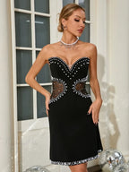 Sexy Strapless Mesh Patchwork Pearl Beaded Mini Black Sleeveless Party Dress