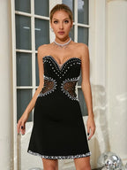 Sexy Strapless Mesh Patchwork Pearl Beaded Mini Black Sleeveless Party Dress