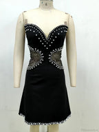 Sexy Strapless Mesh Patchwork Pearl Beaded Mini Black Sleeveless Party Dress