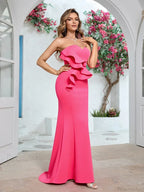 Sexy Strapless Ruffle Edge Design Rose Red Sleeveless Backless Party Dress