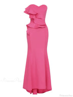 Sexy Strapless Ruffle Edge Design Rose Red Sleeveless Backless Party Dress