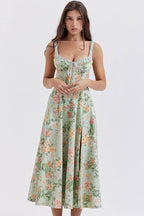 Sexy Tie Neck High Split Floral Printed Summer Midi Sundress - Green