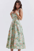 Sexy Tie Neck High Split Floral Printed Summer Midi Sundress - Green