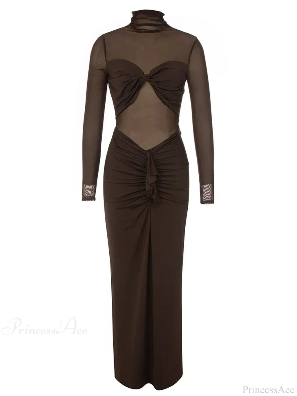 Sexy Turtleneck Mesh Patchwork Folds Brown Long Sleeve Draped Party Dress