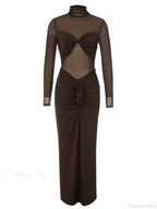 Sexy Turtleneck Mesh Patchwork Folds Brown Long Sleeve Draped Party Dress