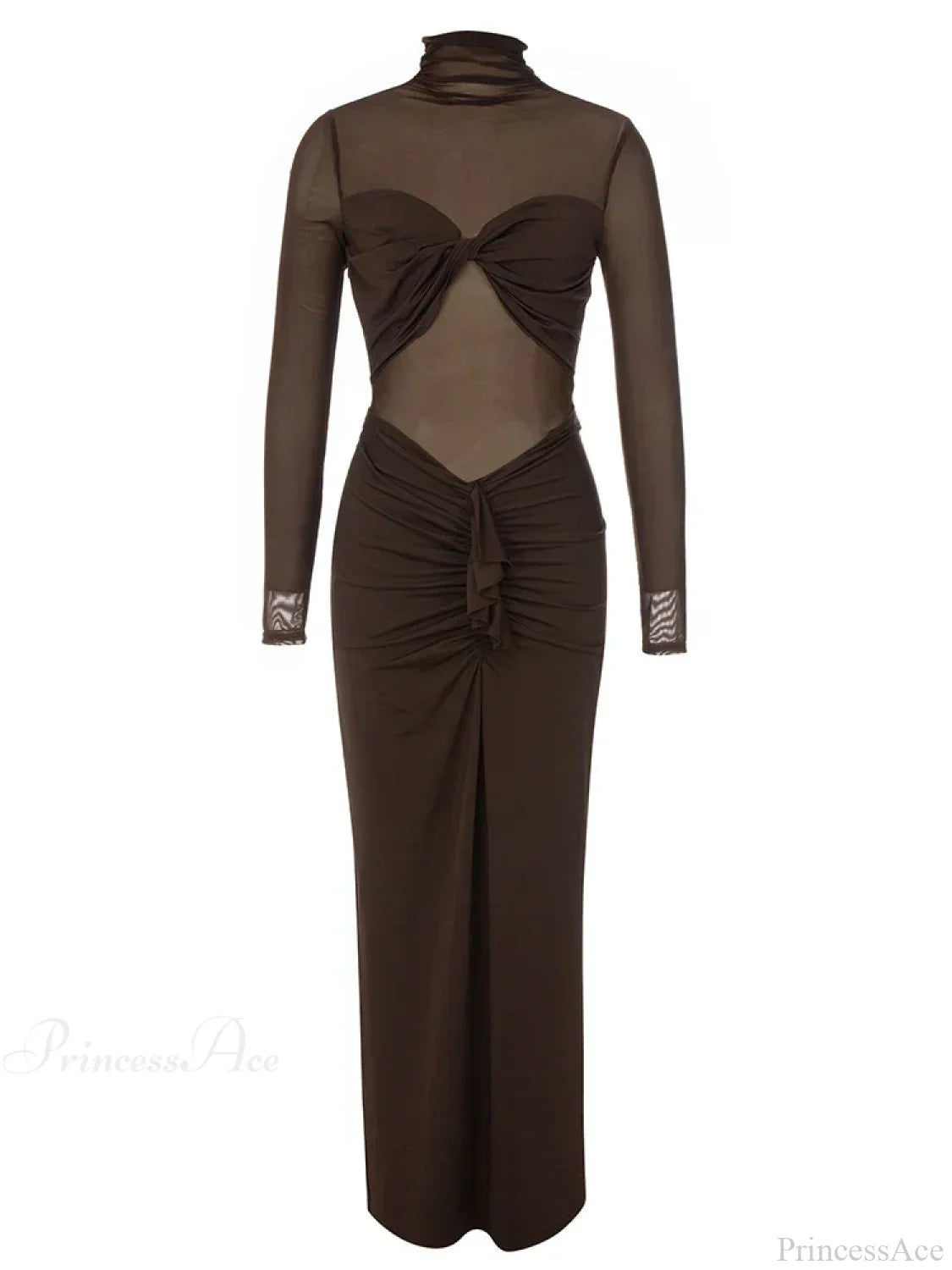 Sexy Turtleneck Mesh Patchwork Folds Brown Long Sleeve Draped Party Dress