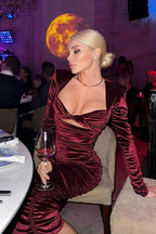 Sexy Twist Front Cutout Shoulder Pad Velvet Ruched Cocktail Midi Dress - Burgundy