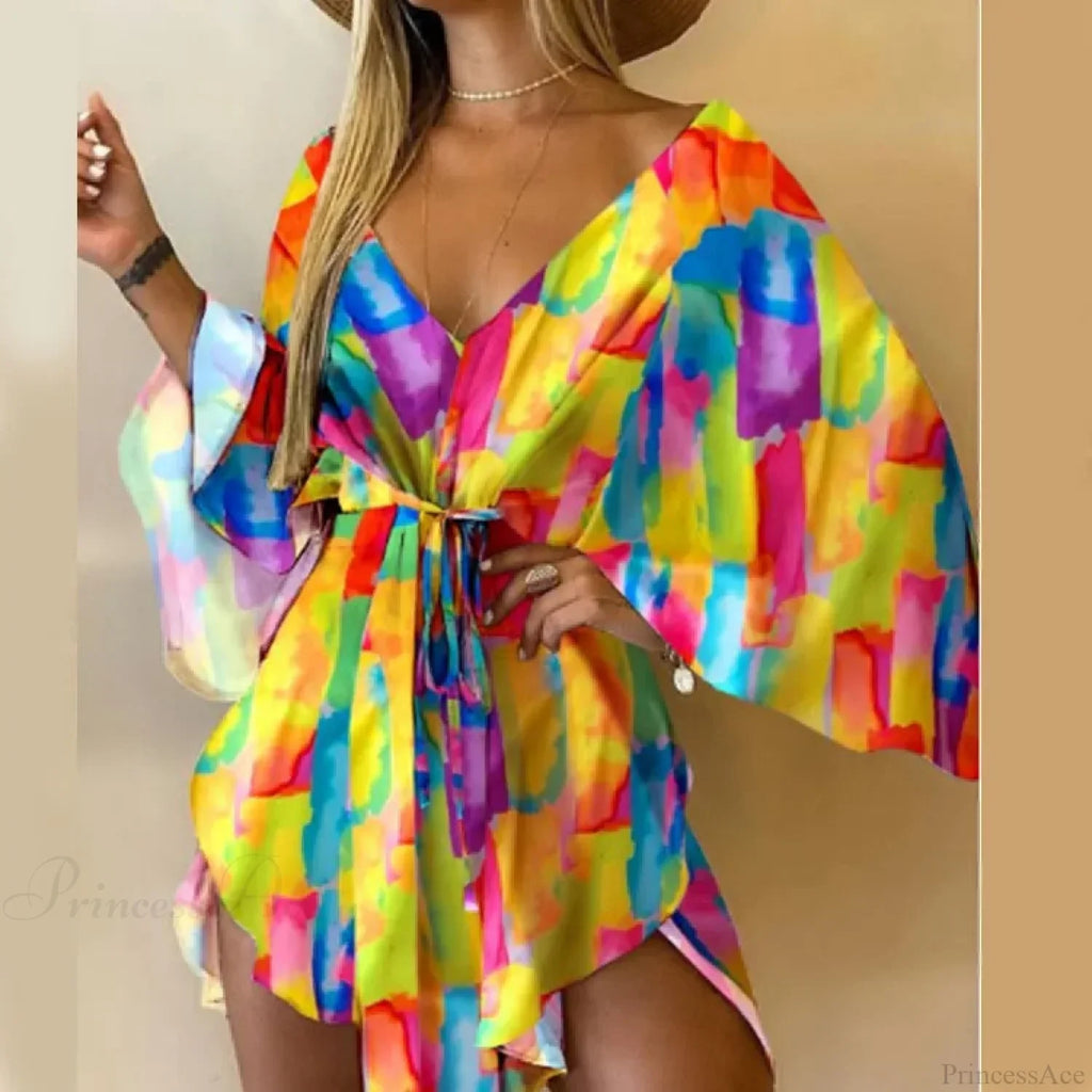 Sexy V-neck Bat Sleeve Bohemian Floral Beach Sundress