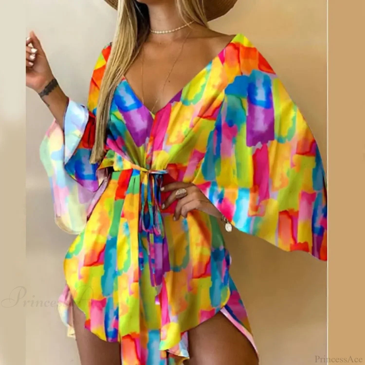 Sexy V-neck Bat Sleeve Bohemian Floral Beach Sundress