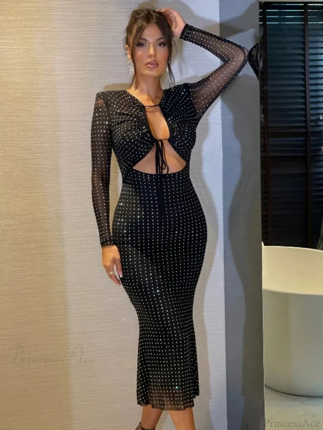 Sexy V Neck Cutout Long Sleeve Glitter Diamonds Black Party Dress