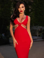 Sexy V Neck Flower Hollow Out Design Midi Dress Halter Party Dress