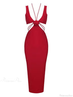Sexy V Neck Flower Hollow Out Design Midi Dress Halter Party Dress