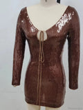 Sexy V Neck Long Sleeves Backless Sequin Mini Dress Women Party Dress