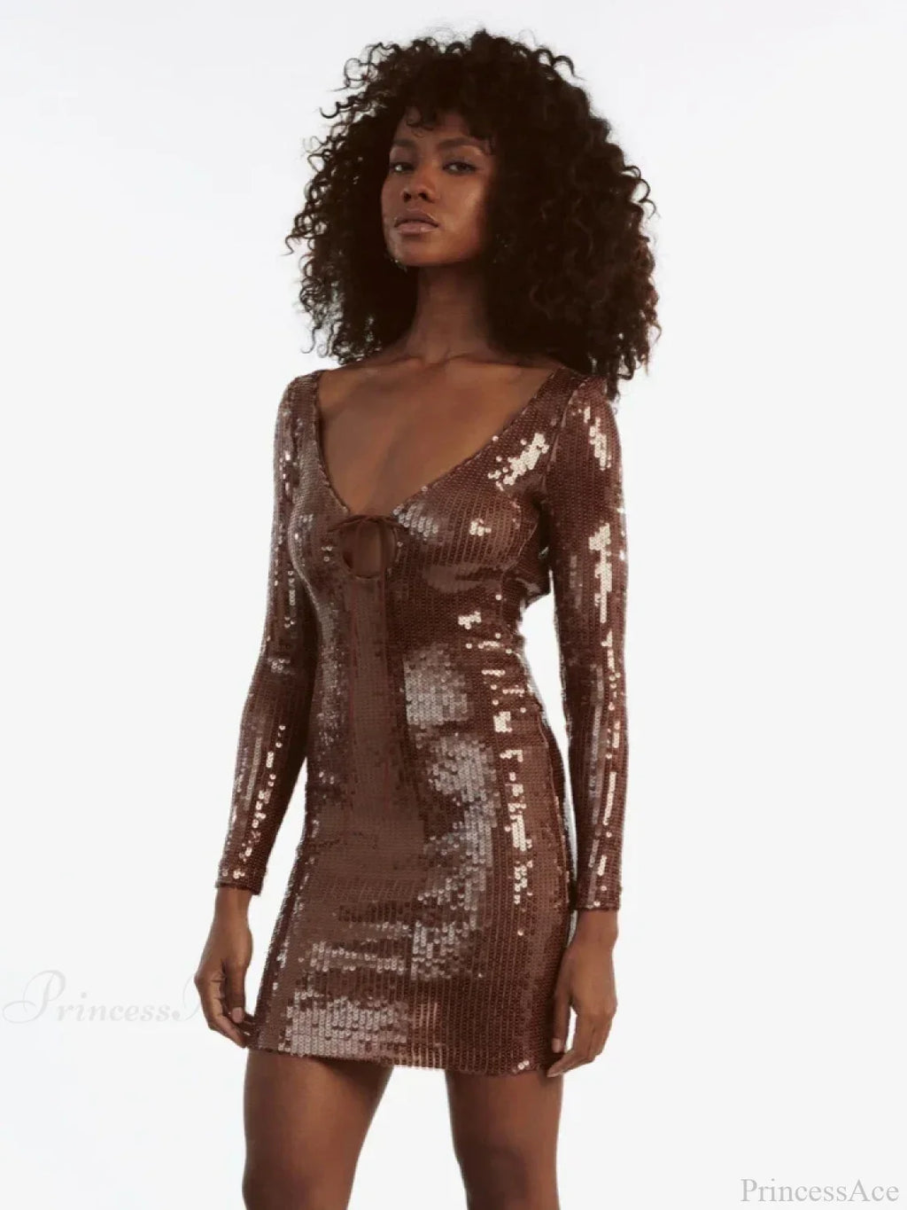 Sexy V Neck Long Sleeves Backless Sequin Mini Dress Women Party Dress