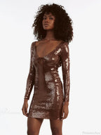 Sexy V Neck Long Sleeves Backless Sequin Mini Dress Women Party Dress