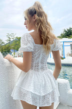 Sexy V Neck Puff Sleeve Broderie Anglaise Ultra Short Ruffle Tiered Dress - White