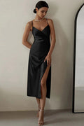 Sexy V Neck Ruched Trim High Split Cami Cocktail Party Midi Dress - Black