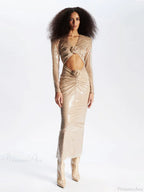 Sexy V Neck Sequins Cutout 3D Flower Dress Long Sleeves Party Dress