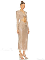 Sexy V Neck Sequins Cutout 3D Flower Dress Long Sleeves Party Dress