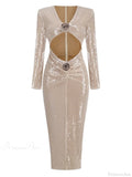 Sexy V Neck Sequins Cutout 3D Flower Dress Long Sleeves Party Dress