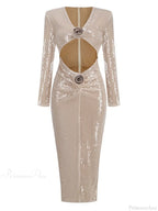 Sexy V Neck Sequins Cutout 3D Flower Dress Long Sleeves Party Dress