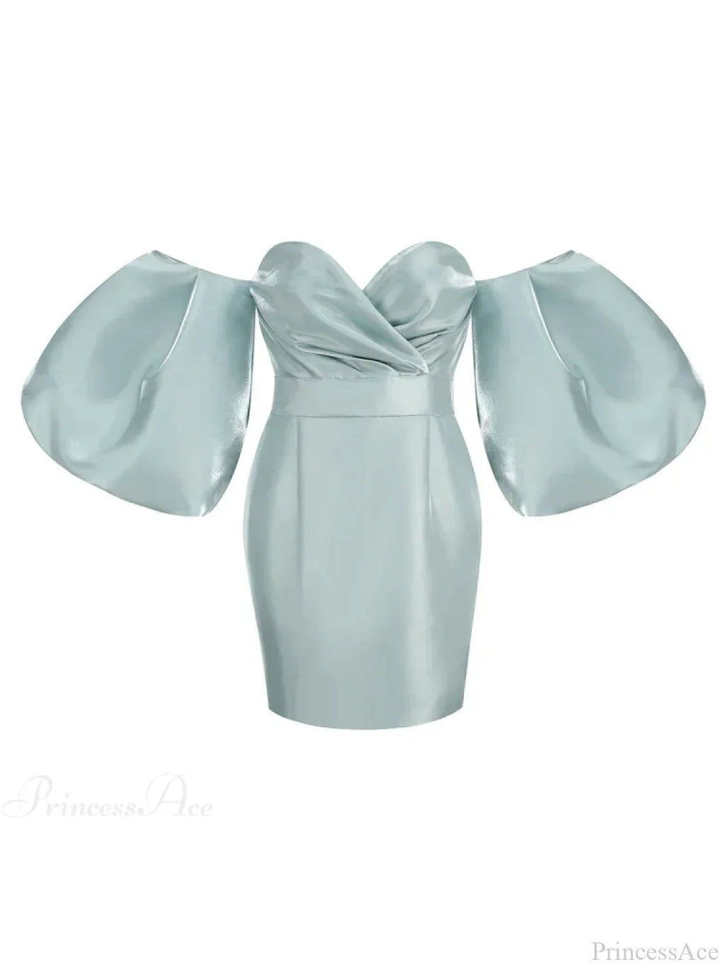 Sexy V-neck Strapless Puff Sleeve Satin Midi Off Shoulder Party Dress