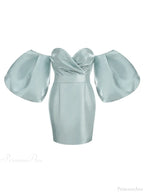 Sexy V-neck Strapless Puff Sleeve Satin Midi Off Shoulder Party Dress