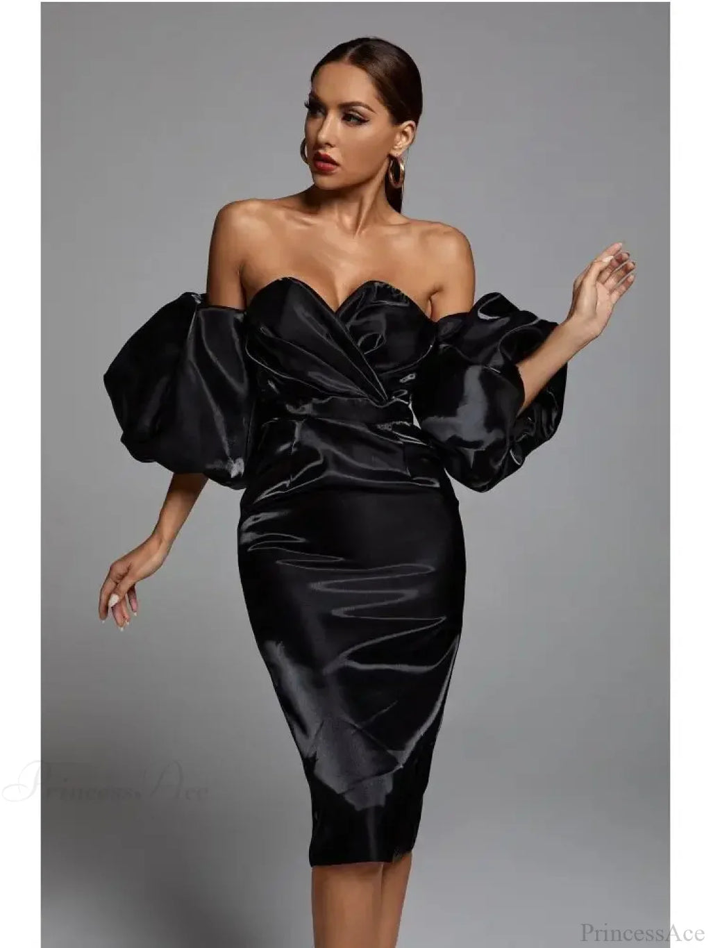 Sexy V-neck Strapless Puff Sleeve Satin Midi Off Shoulder Party Dress