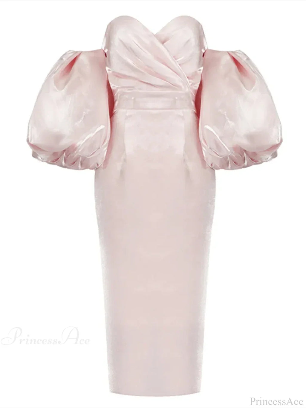 Sexy V-neck Strapless Puff Sleeve Satin Midi Off Shoulder Party Dress