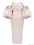 Sexy V-neck Strapless Puff Sleeve Satin Midi Off Shoulder Party Dress