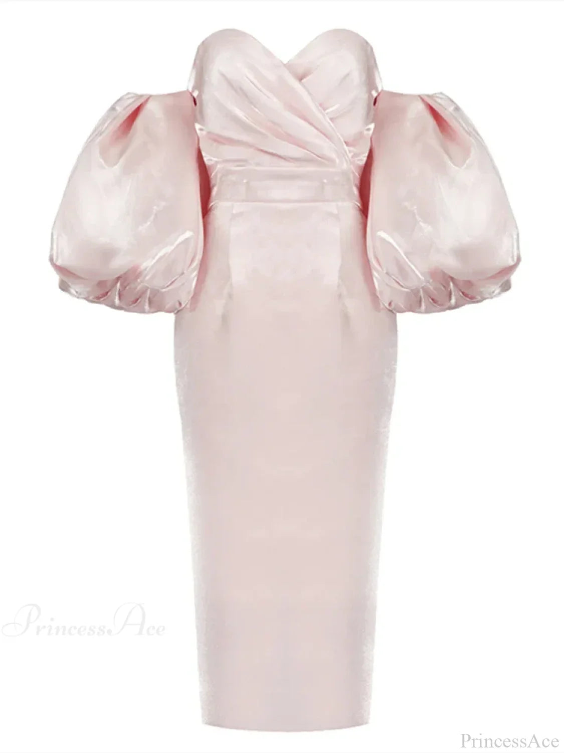 Sexy V-neck Strapless Puff Sleeve Satin Midi Off Shoulder Party Dress